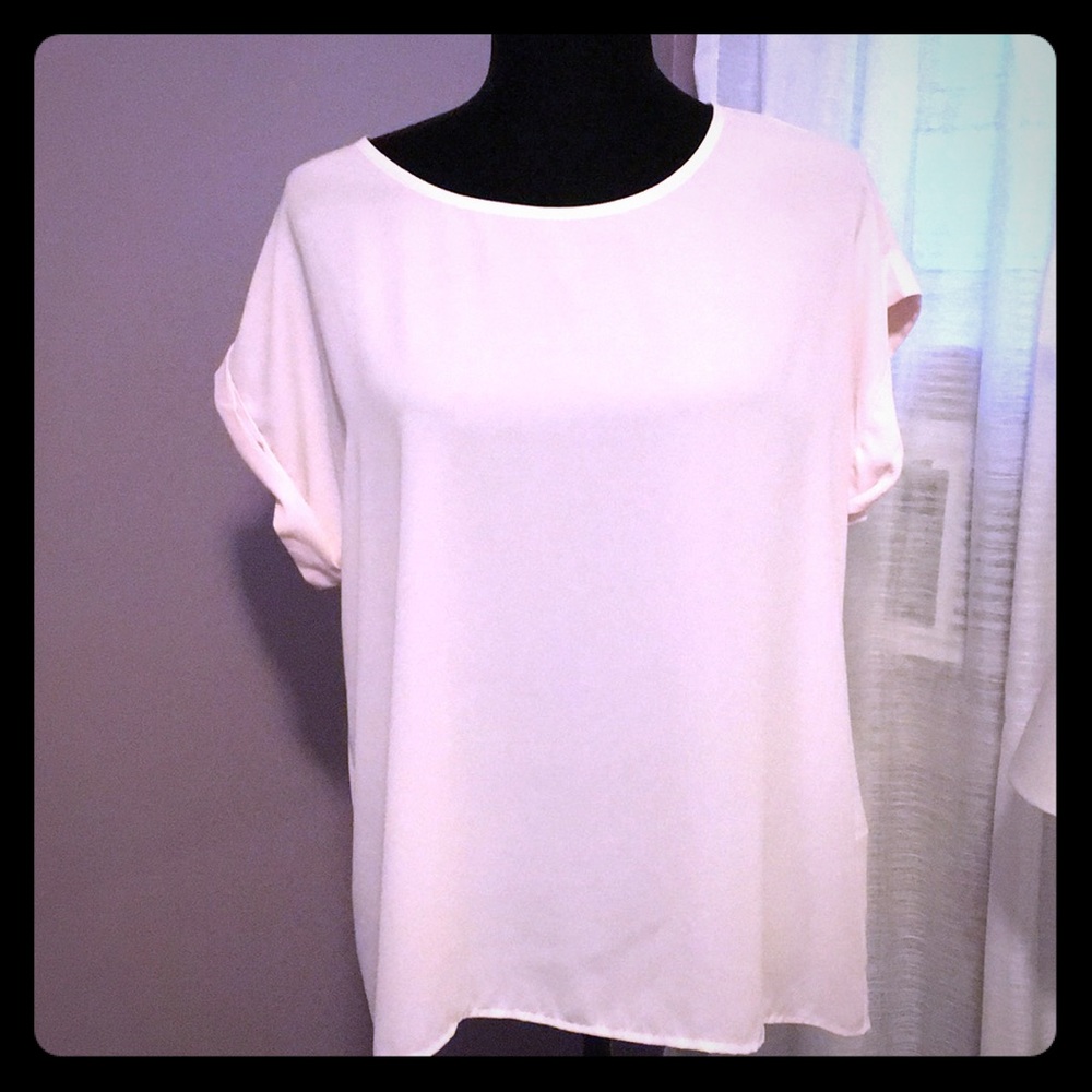 Sheer light pink crew neck blouse